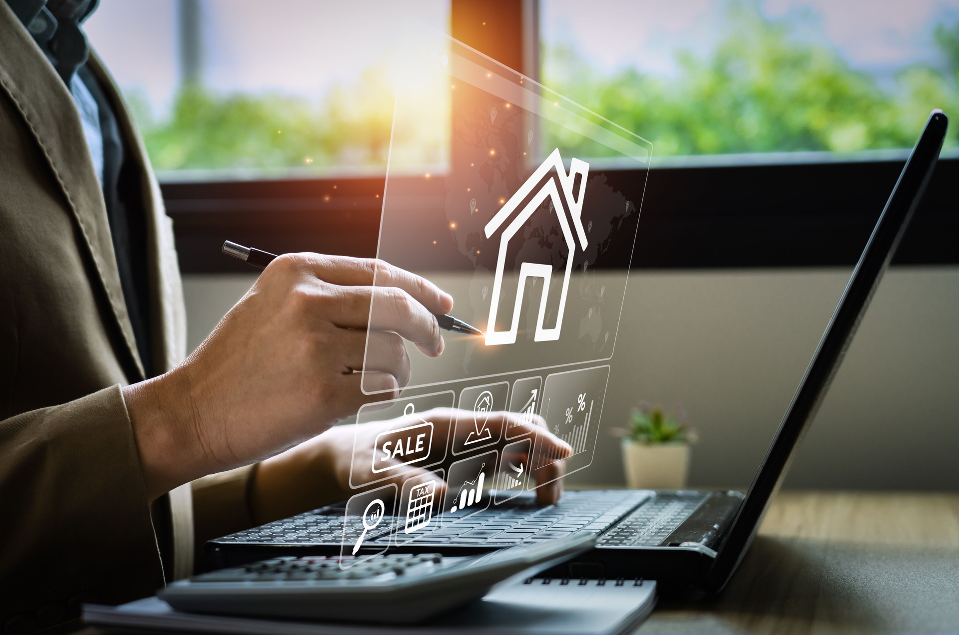 real estate investment concept, buy house, location, energy efficiency rating and property value, Real estate online on virtual screens. home search, land price, property tax, real estate market